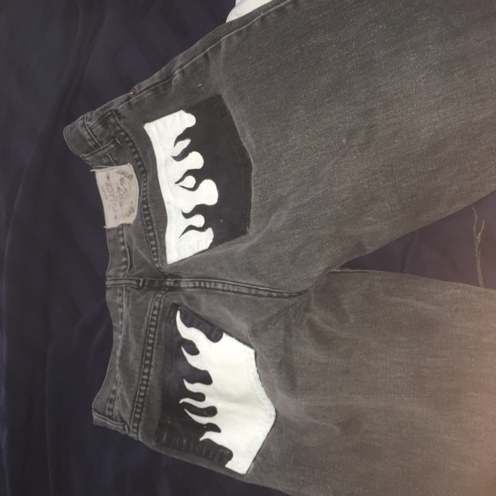 Dark wash flame jeans